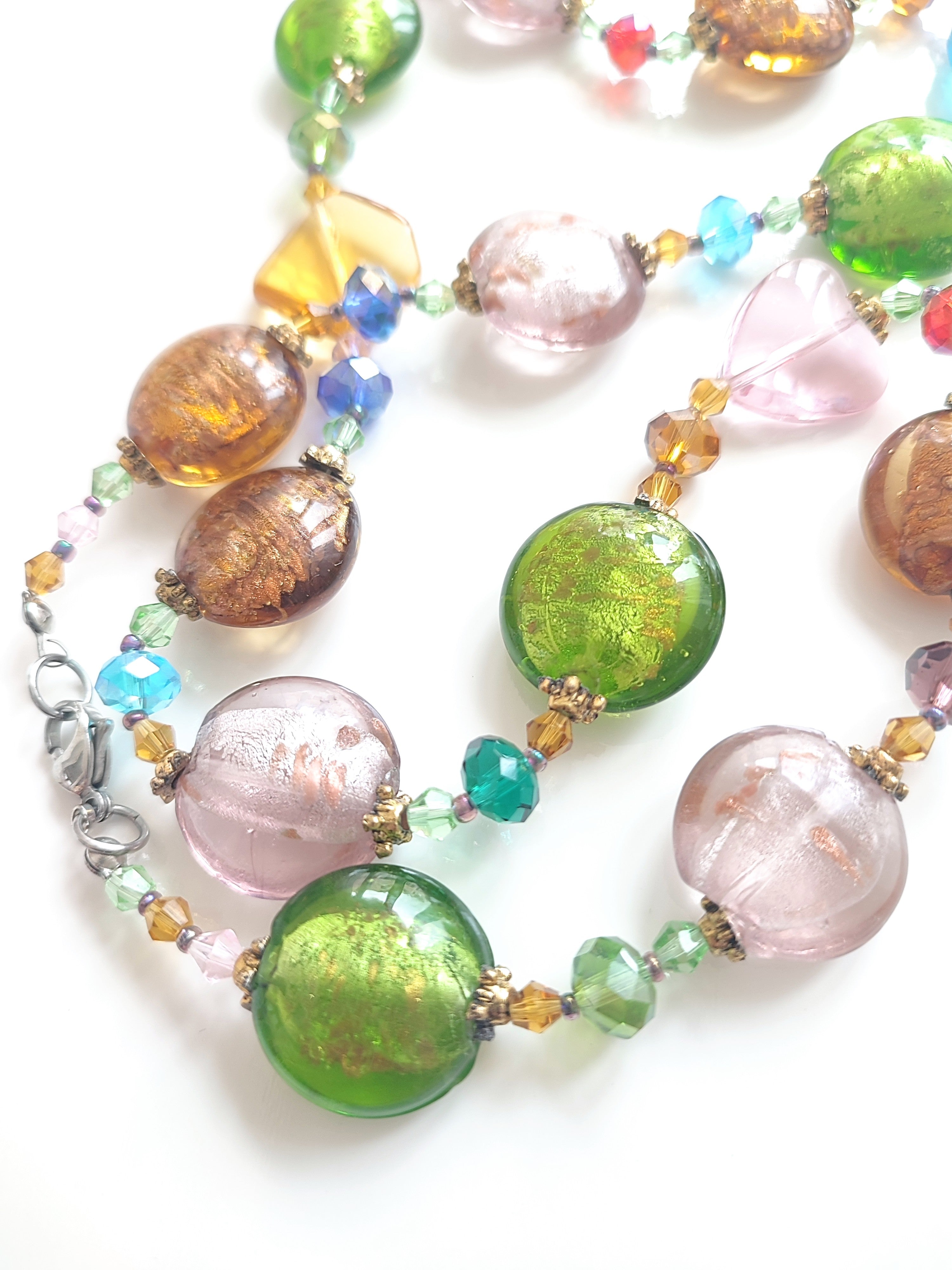 Colourful glass bead necklace gold Foil