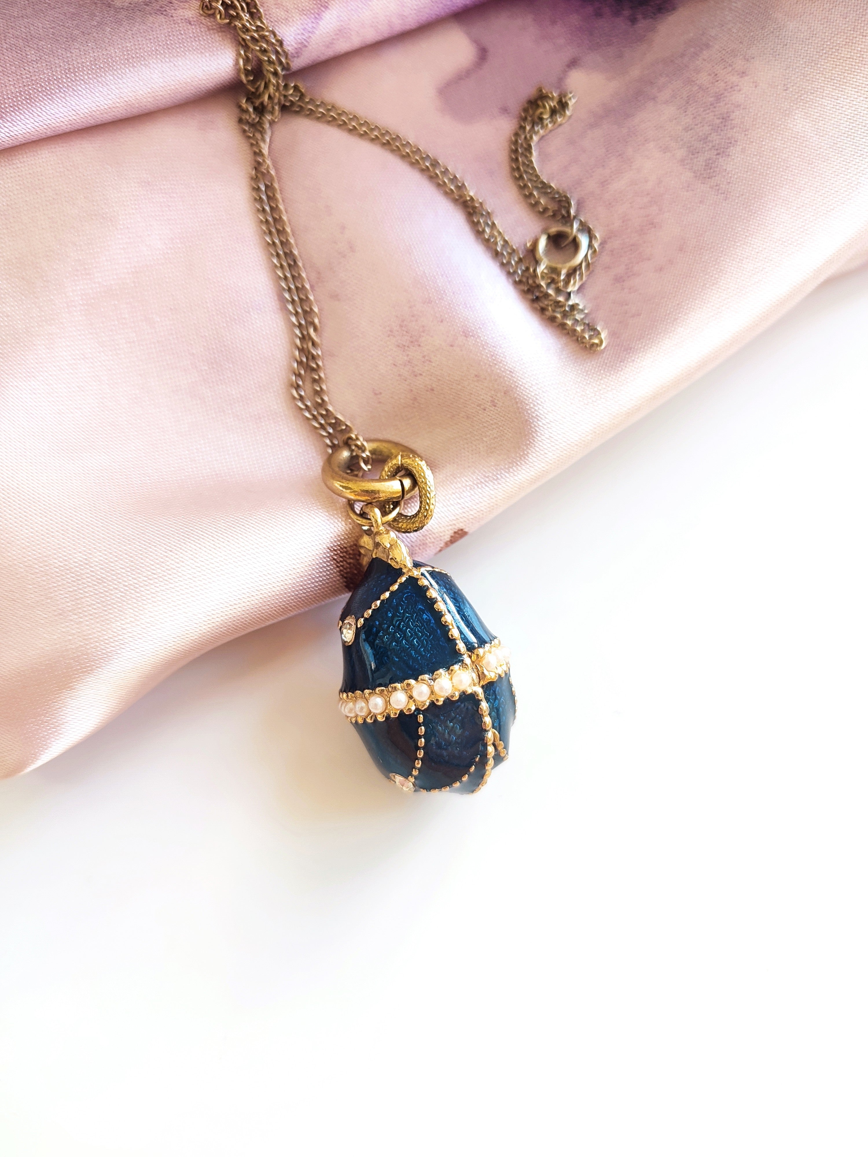 Indigo guilloche enamelled egg pendant