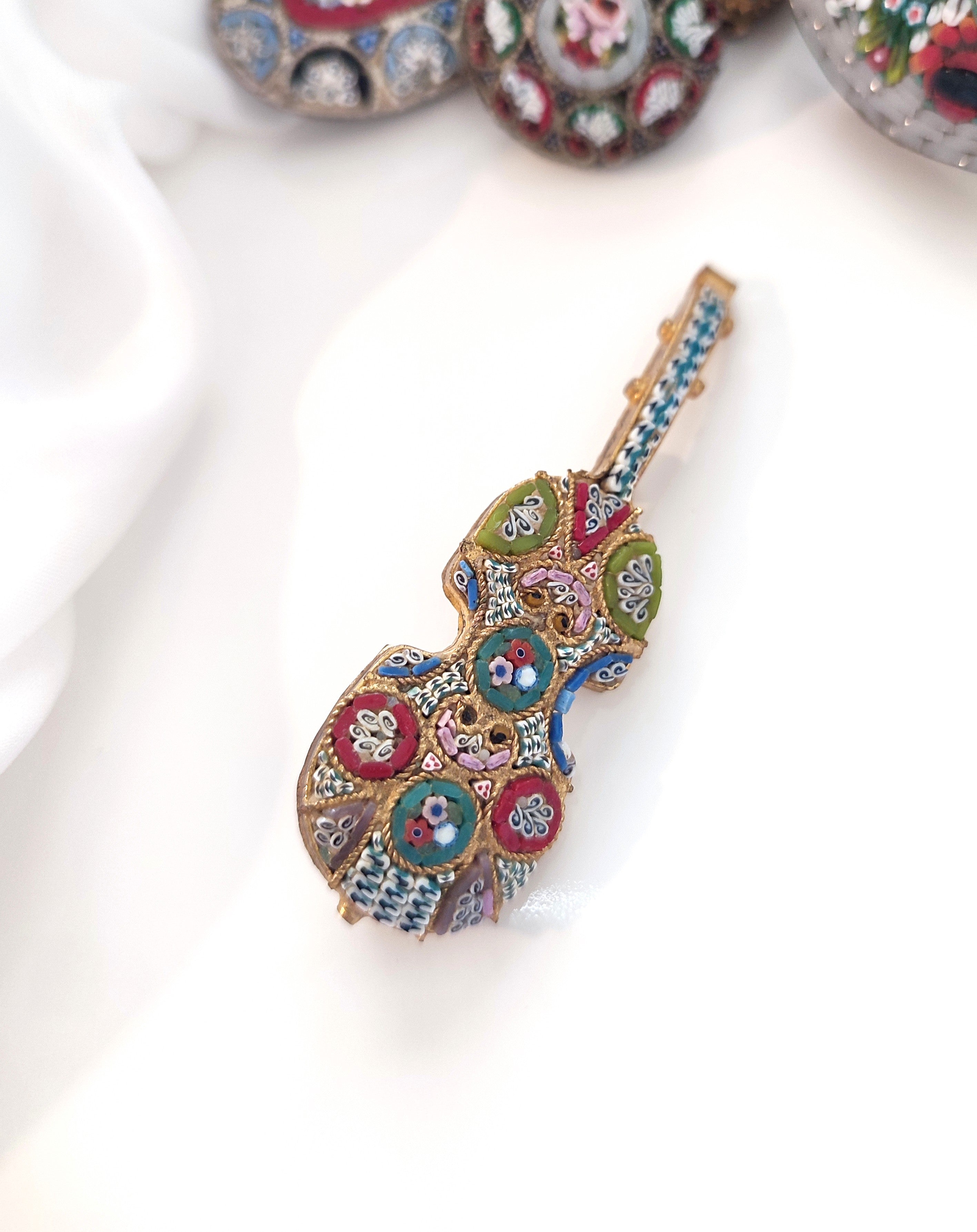 Micro mosaic millefiori vintage guitar brooch Italy