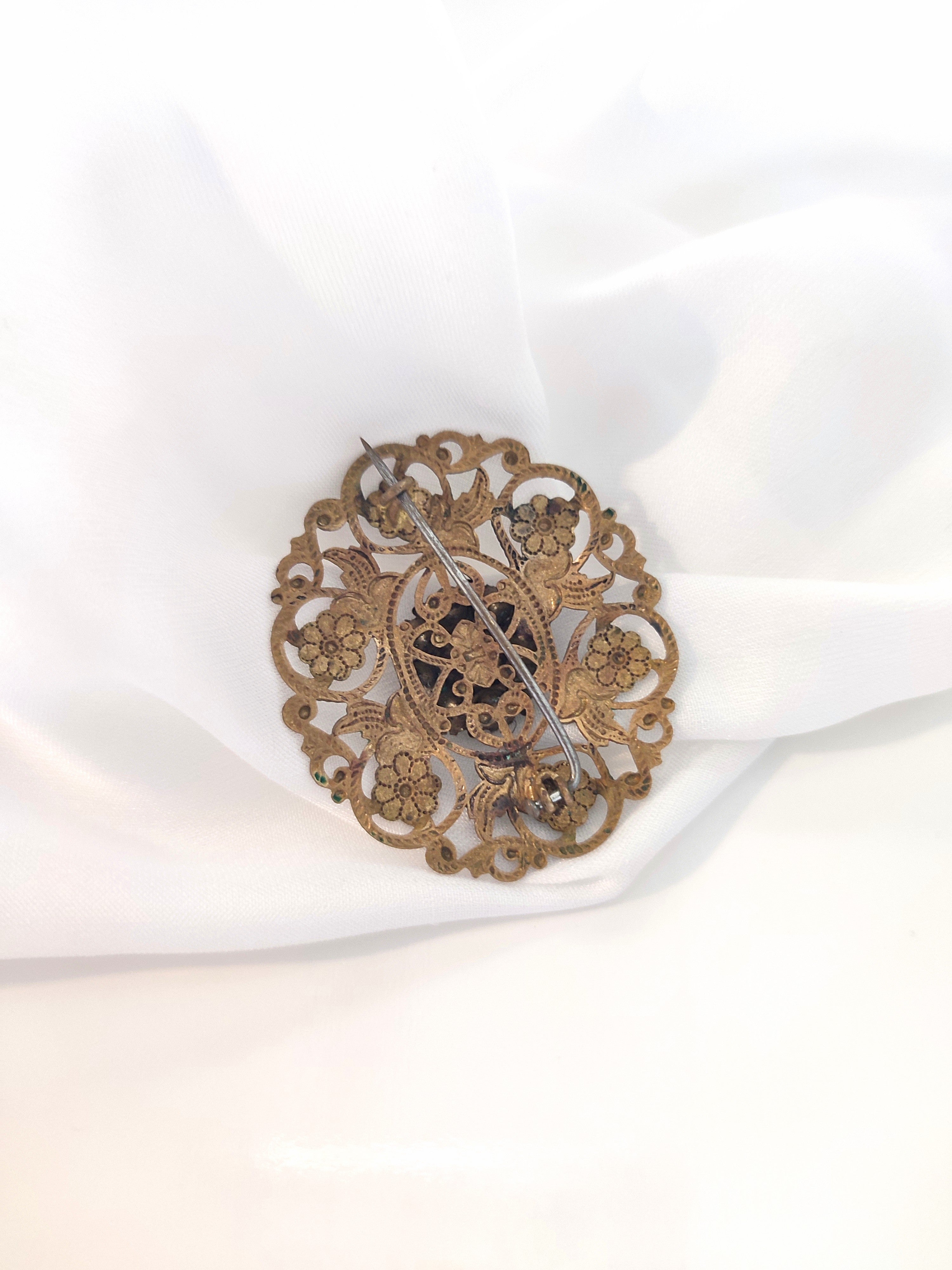 Vintage 1930s Czech Brass Filigree Flower Brooch