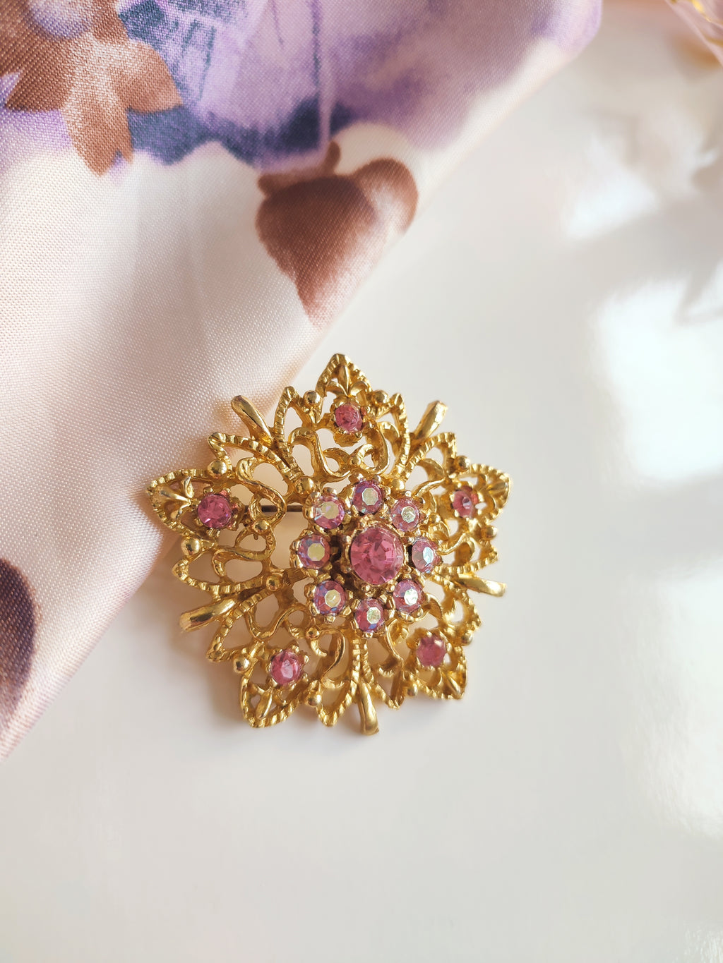 Vintage Hollywood Pink Rhinestone Sunburst Brooch