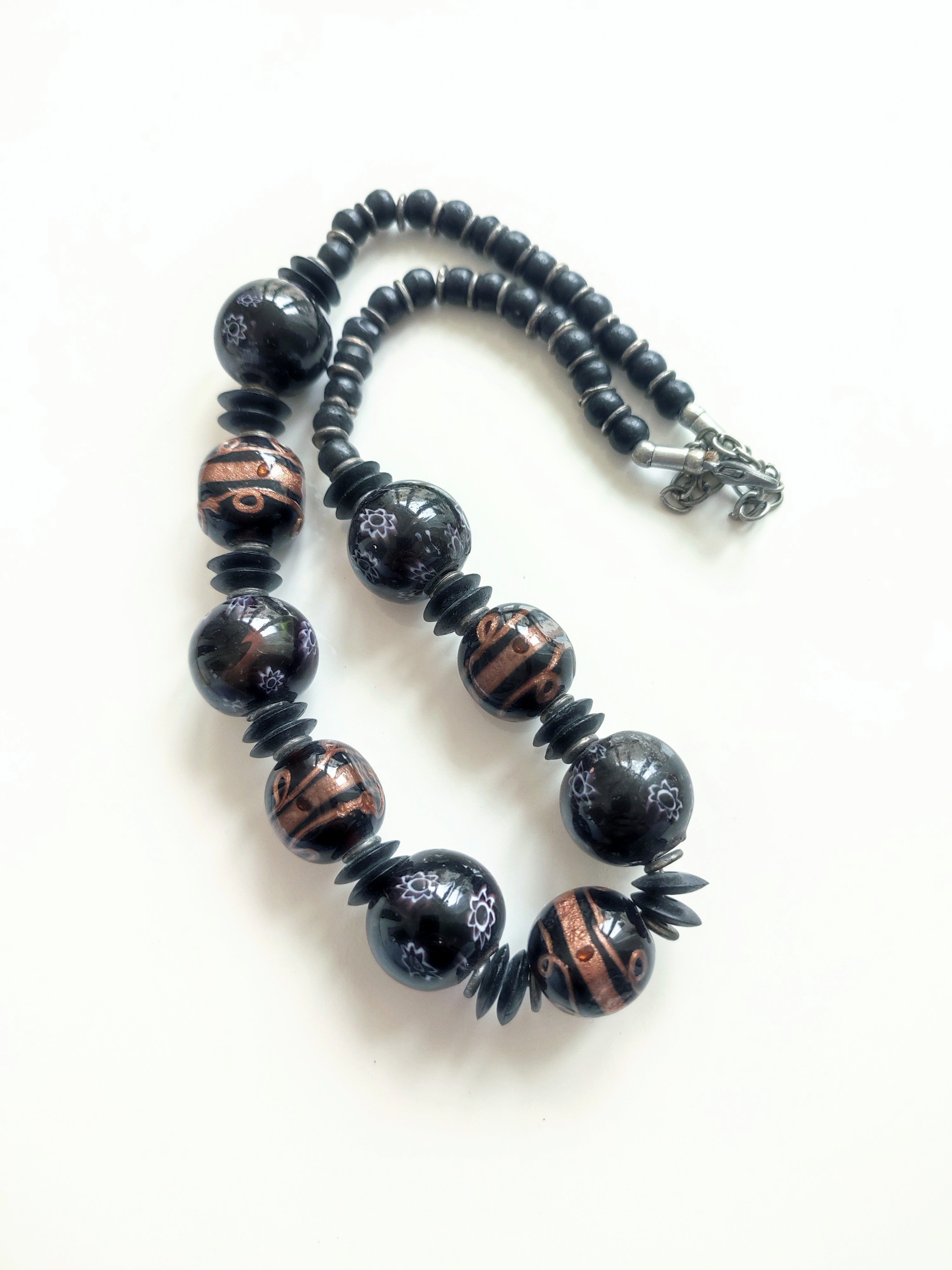 Black and copper handmade glass bead necklace
