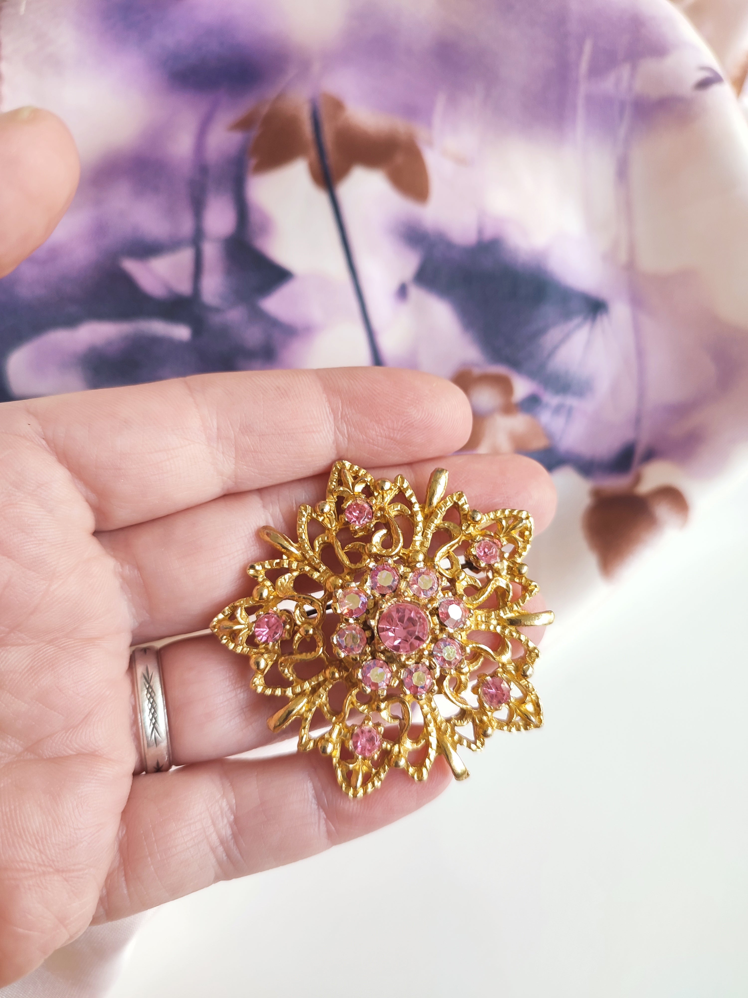 Vintage Hollywood Pink Rhinestone Sunburst Brooch