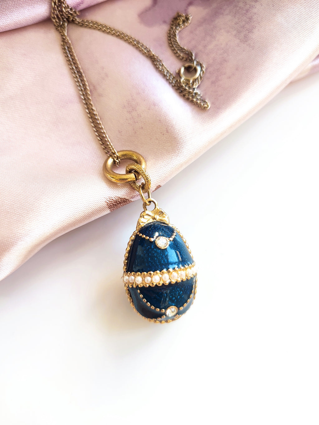 Indigo guilloche enamelled egg pendant