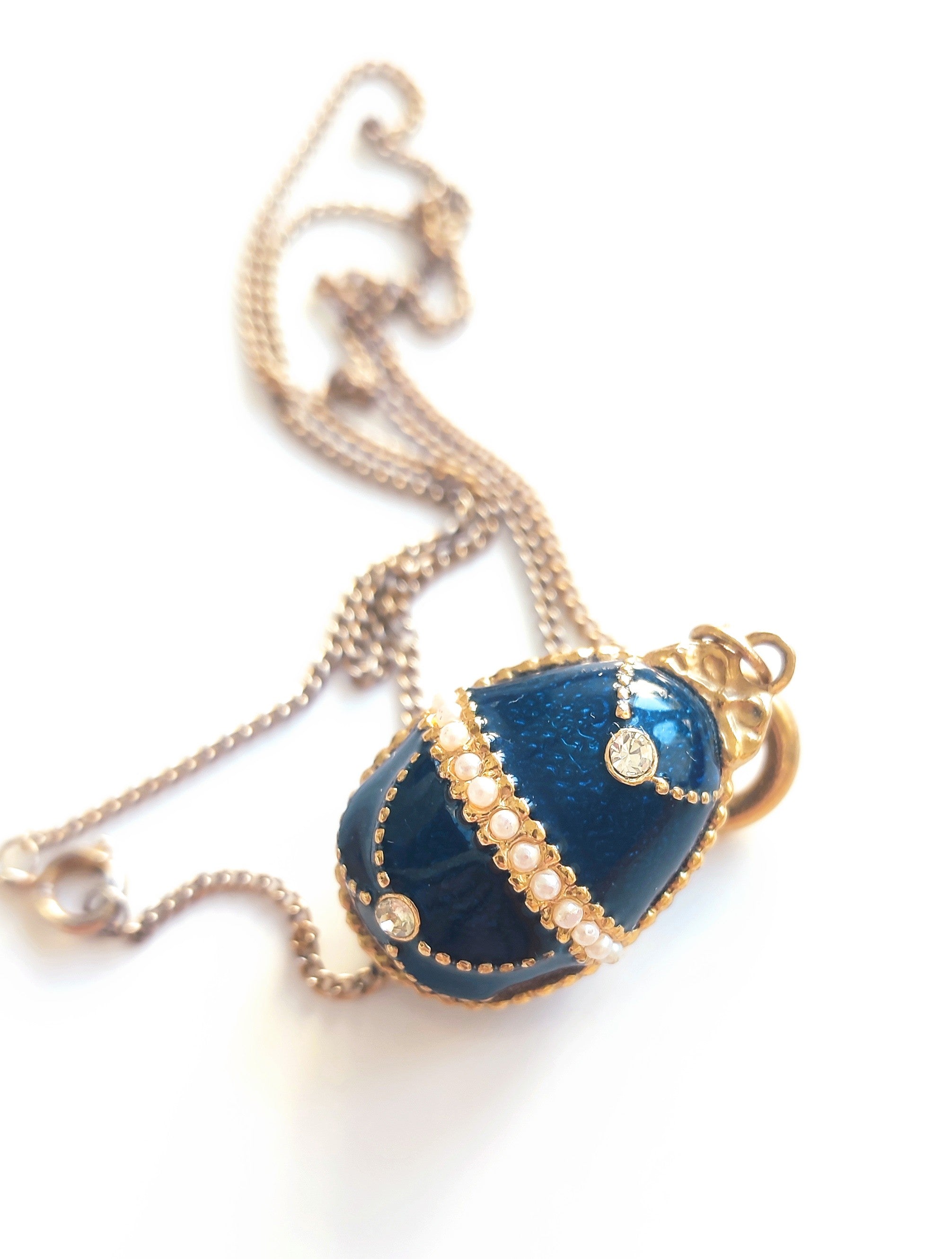 Indigo guilloche enamelled egg pendant