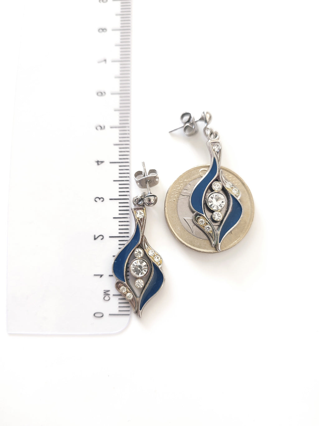 Blue enamel drop earrings with rhinestones