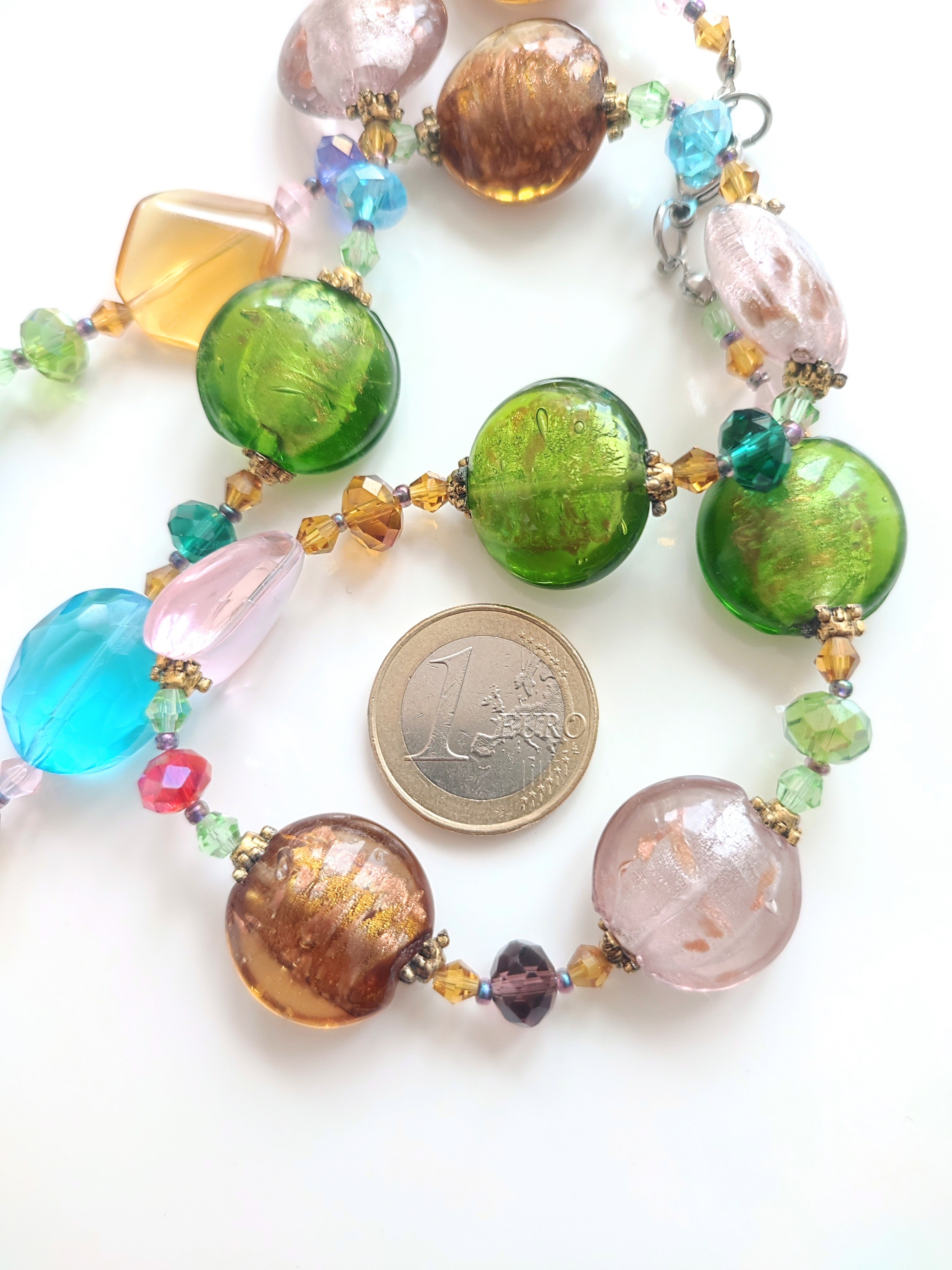 Colourful glass bead necklace gold Foil
