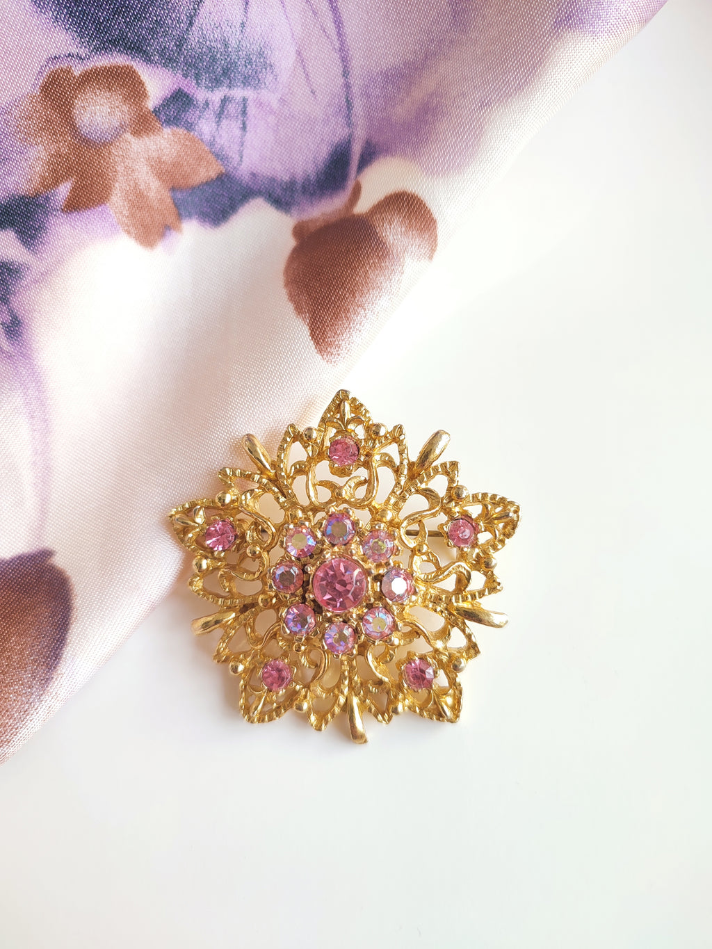 Vintage Hollywood Pink Rhinestone Sunburst Brooch