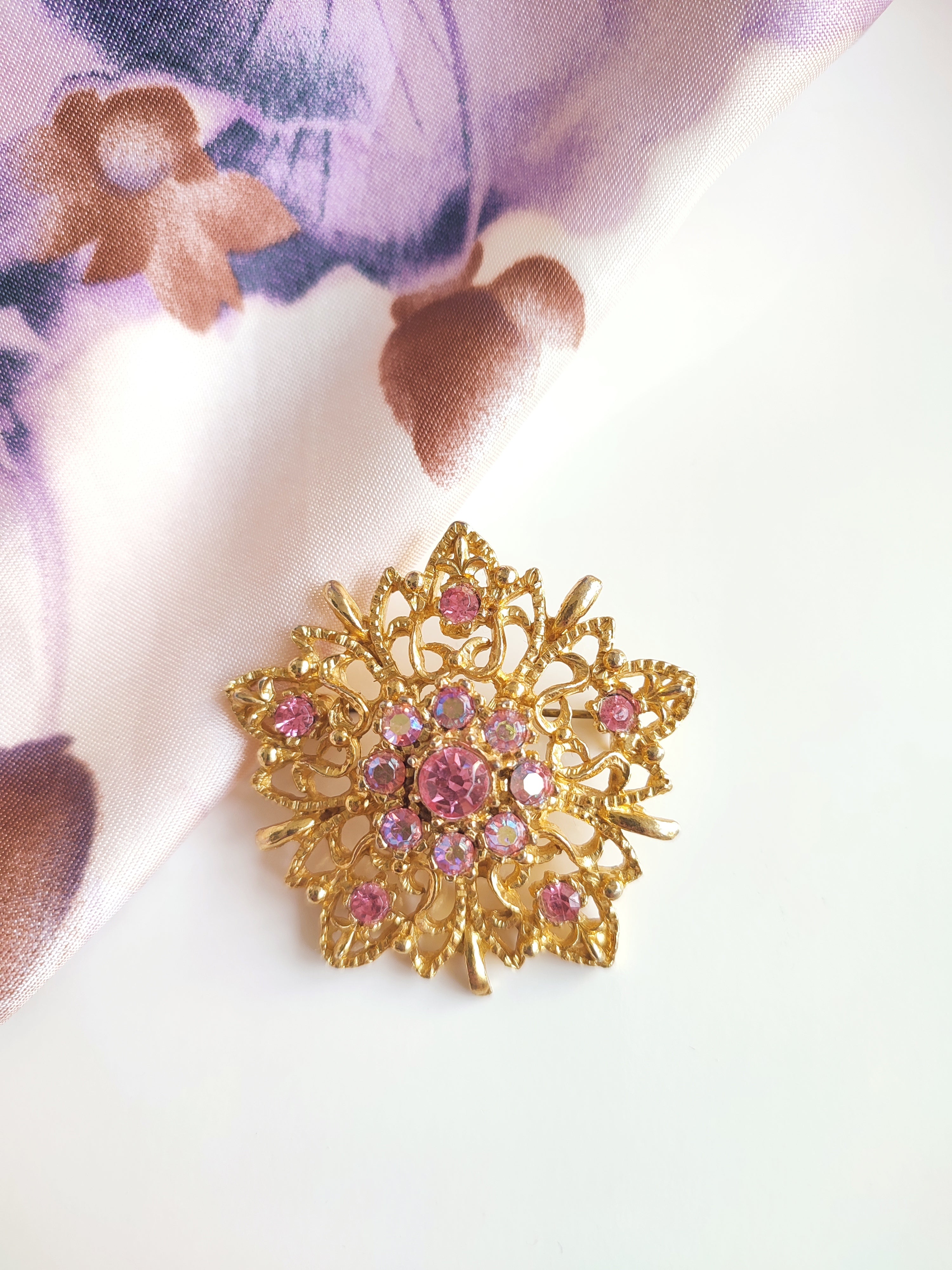 Vintage Hollywood Pink Rhinestone Sunburst Brooch