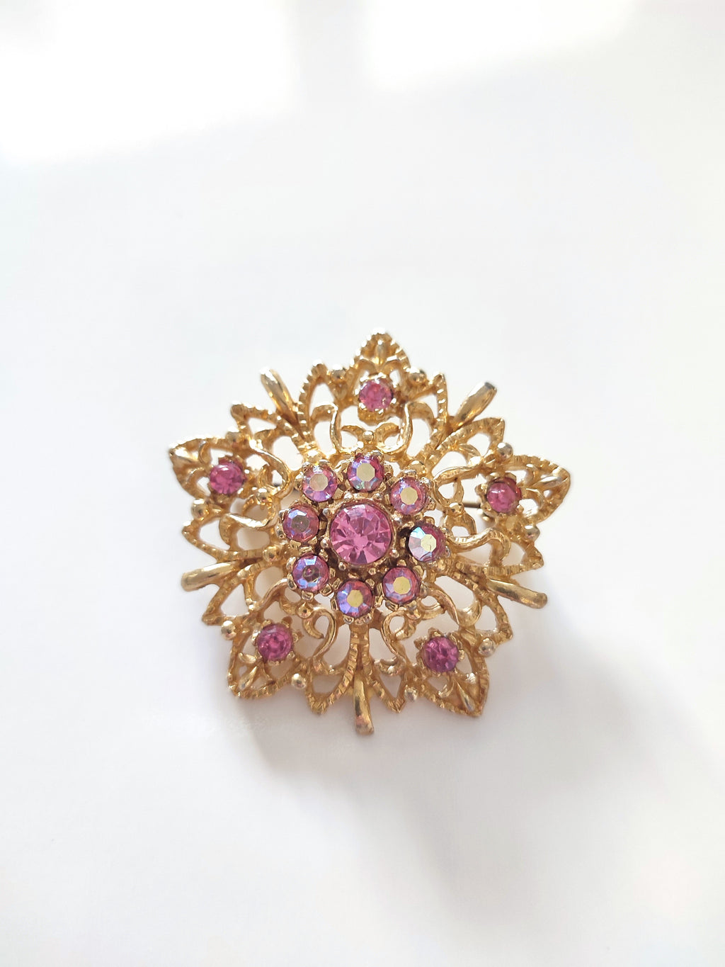 Vintage Hollywood Pink Rhinestone Sunburst Brooch
