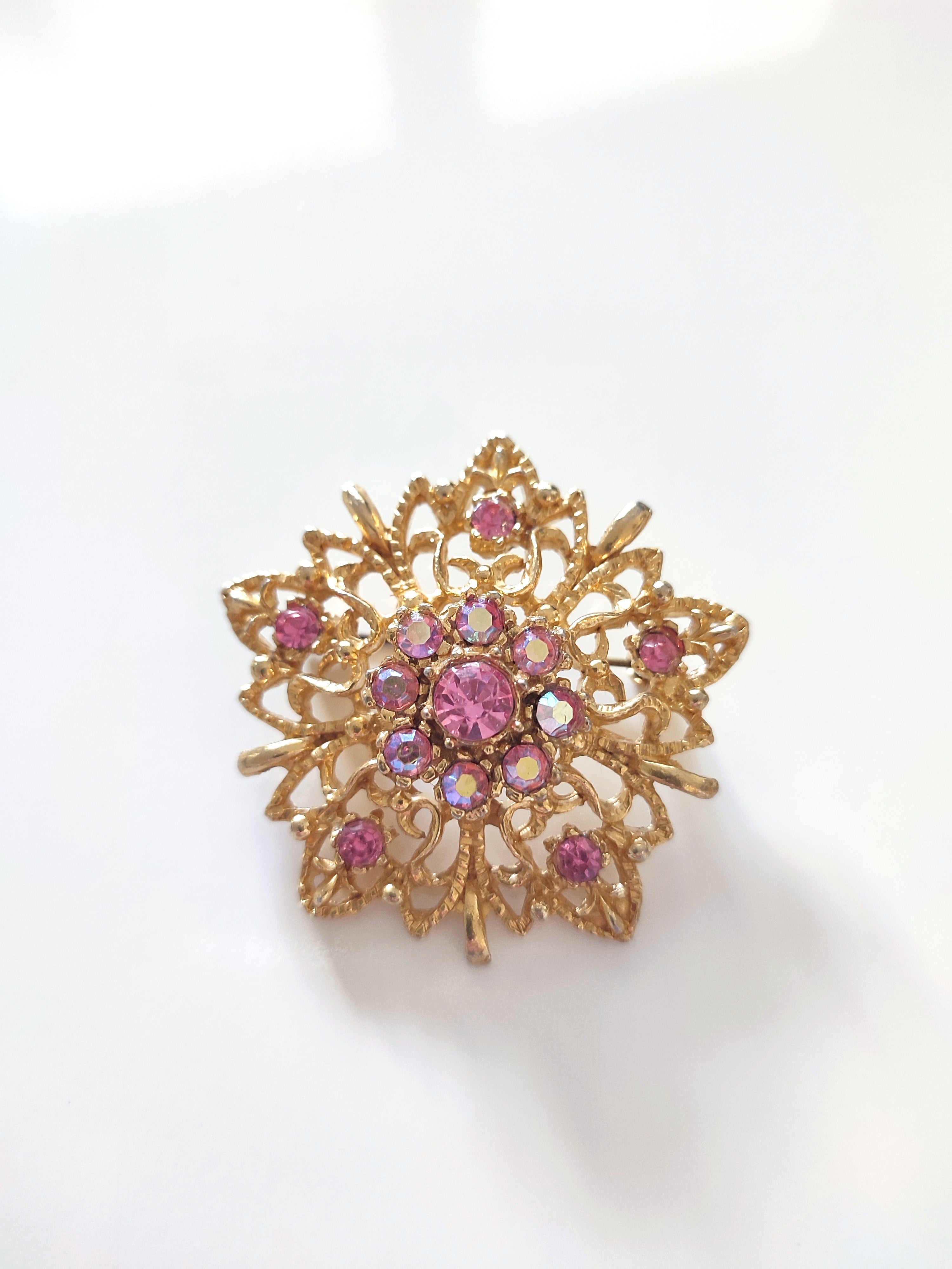 Vintage Hollywood Pink Rhinestone Sunburst Brooch